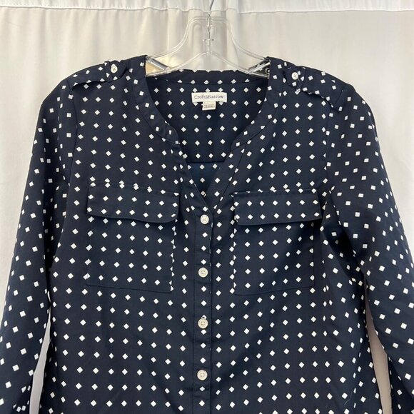 Croft & Barrow Button Up Navy/White Top Long Roll Tab Sleeve Size XS Petite - Picture 2 of 7